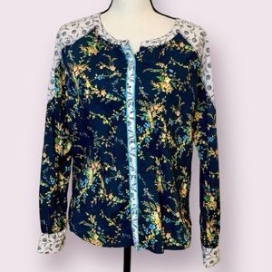 Sundance Button Up Top Contrasting Floral Print Blue White Yellow Petite Large